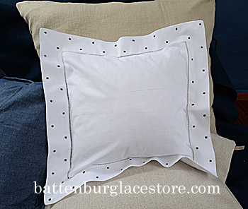 Hemstitch Baby Pillow with Brown Polka Dots. 12x12: - Click Image to Close